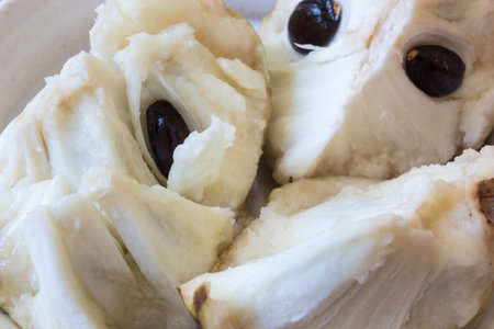Broken hunks of Annona cherimola cherimoya fruit, ripe and with seeds, horizontal aspect