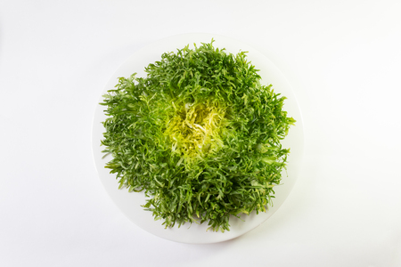 White bowl with head of frisee lettuce, overhead view, isolated on white, horizontal aspectの写真素材
