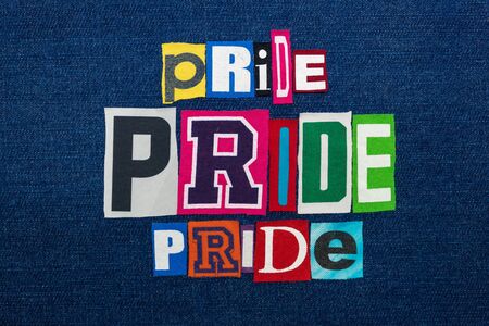 PRIDE PRIDE PRIDE collage of word text, multi colored fabric on blue denim, LGBTQ inclusion concept, horizontal aspectの写真素材
