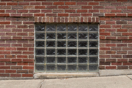 Straight on view of a basement window with glass brick blocks inset, concrete sidewalk on an...