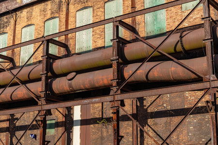 Brightly lit facade of a warehouse building with large pipes running along the exterior, green...
