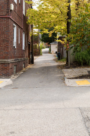 Long alleyway alongside a red brick apartment building, creative copy space, vertical aspect