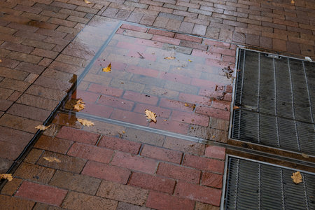 Light reflecting in puddles on wet red brick sidewalk, metal grates and autumn leaves, horizontal aspectの写真素材