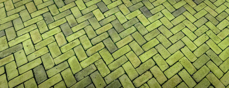 Perspective panorama of green brick in a herringbone pattern, creative copy space, horizontal aspectの写真素材
