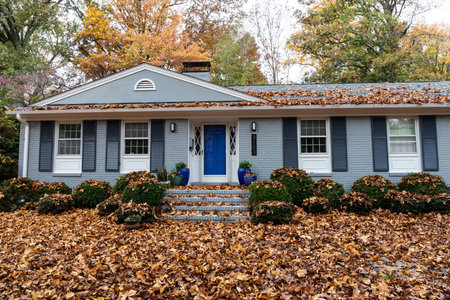 Suburban home and yard covered in fall leaves, residential lawn care, horizontal aspectの写真素材