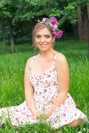Girl with flowers in her hairの写真素材