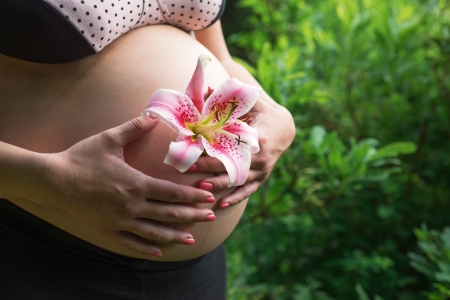 Pregnant woman hugging belly and holding a lilyの写真素材