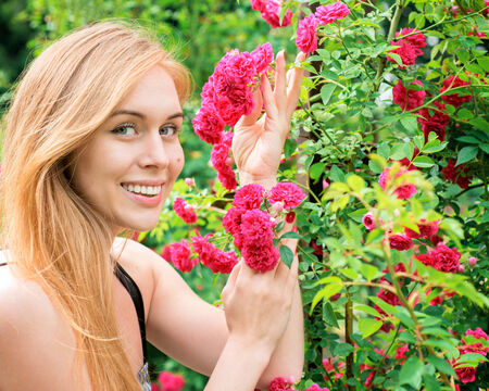 Beautiful woman admires the roses in the gardenの写真素材