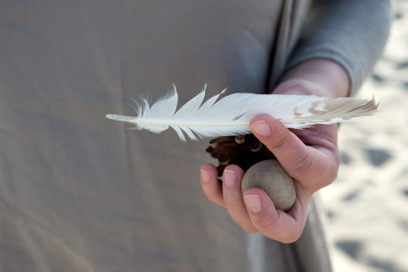 Woman holds a spruce cone in her hand, a bird feather, a stoneの写真素材