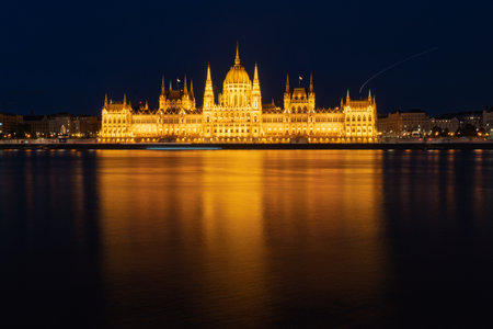 Hungarian Parliament Building at night in Budapest, Hungary. The building is the seat of the Parliament of Hungary.の写真素材
