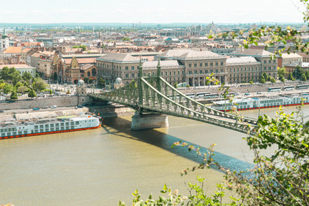 View of the Szechenyi Chain Bridge in Budapest, Hungary.の写真素材