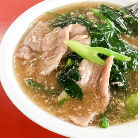 Fried noodles with gravy, Chinese kale or Chinese broccoli, and choice of meal (chicken, pork, beef...