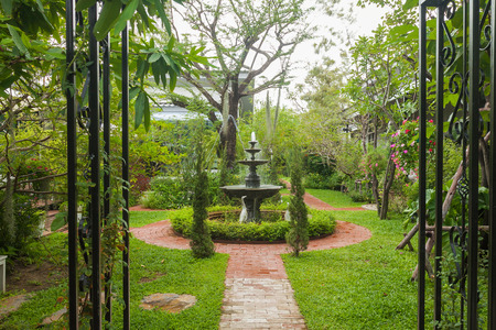 Garden facade and fountain courtyardの写真素材