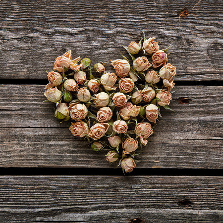Rose flowers in heart shape, close up on old wooden plates.の写真素材