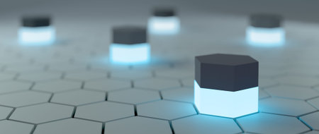 Abstract hi-tech background with hexagons around and ambient blue light sources. 3D render.