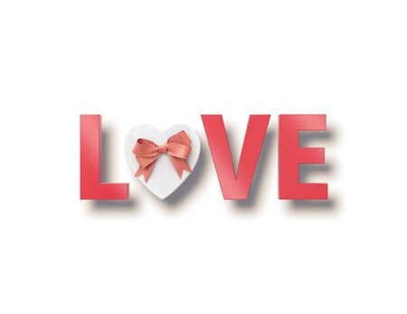 Word Love with heart shaped gift box instead of one letter. On white background. 3D renderの写真素材