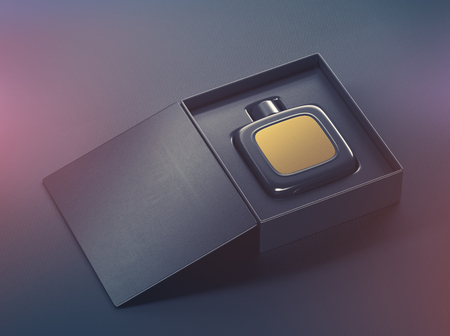 Black perfume bottle mockup with gold label into open package box. On black background. 3d renderの写真素材