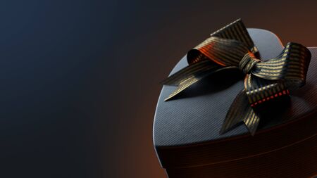 Closeup of black heart shaped gift box with golden bow, on black background. 3D renderの写真素材