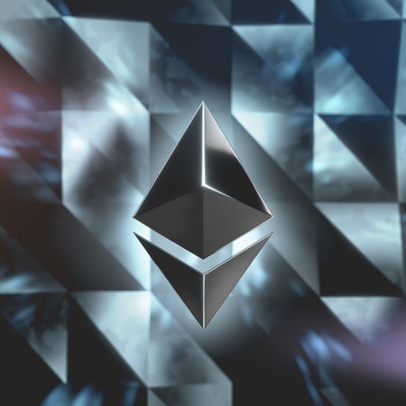 Ethereum crypto currency logo over abstract low poly background. 3D render.の写真素材