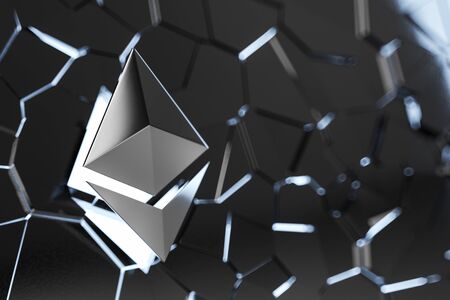 Ethereum coin over collapsing black surface. 3D render.の写真素材