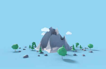 Low poly land scene with popup trees and rocks.の写真素材