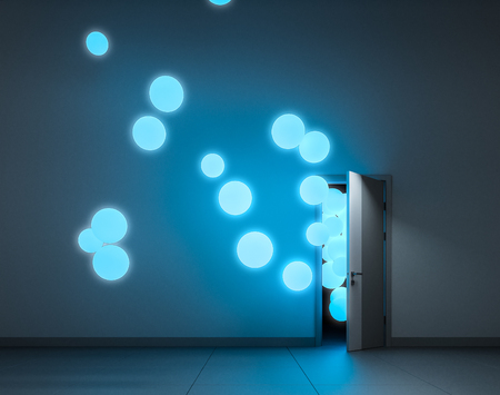 Luminescent balloons fly away through open doorの写真素材