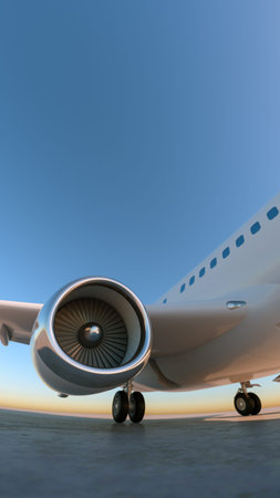 Airplane at the landing strip. Wide angle close up shot. 3D Render