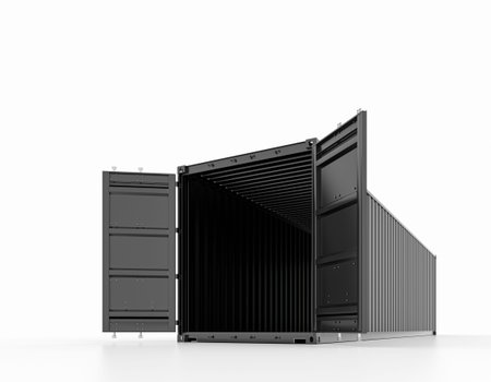 Opened black cargo sea container, isolated on white