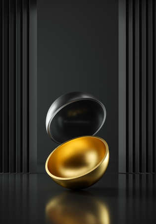 Empty gold hemisphere with a cap at black minimal interiorの写真素材