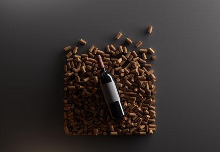 Top view of red wine bottle over wine corksの写真素材