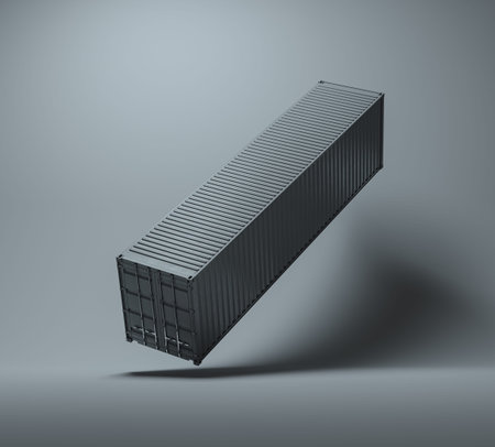 Cargo sea container is floating in air over surface.