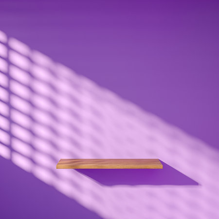 Empty wood shelf on a violet color wallの写真素材