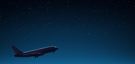 Taking off passenger airplane against the night starry skyの写真素材