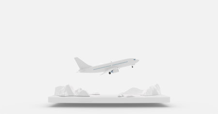 Concept of a passenger airplane taking off over a smartphone display with a mountains