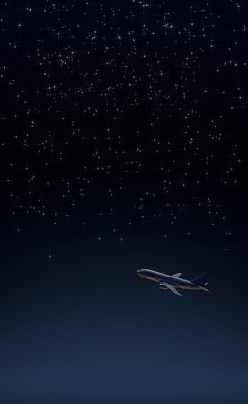 Taking off passenger airplane against the night starry skyの写真素材