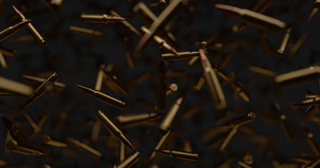 A lot of rifle bullets floating at zero gravity over black background.