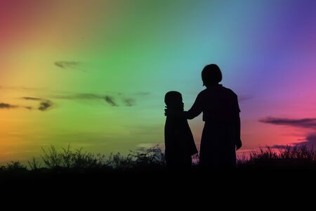 Two cute kids, brother and sister, standing on Meadow silhouetteの写真素材