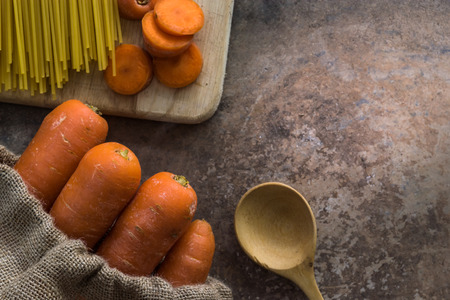 carrot and  spaghetti still life food top viewの写真素材