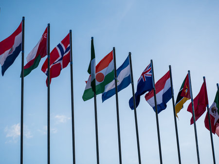 international flag blue sky backgroundの写真素材