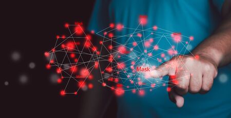 Man hand touching network search surgical mask map for bannerの写真素材