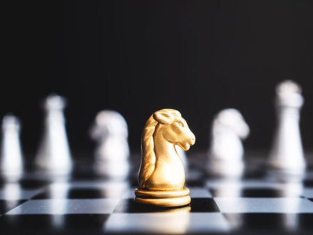 Chess board game staying against full set of chess pieces. Strategy, Planning and Decision business conceptの写真素材