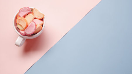 Dessert fruit jelly candy in cup top view copy spaceの写真素材