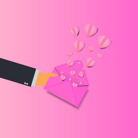 Hand hold mail sending pink heart love valentine day concept.のイラスト素材