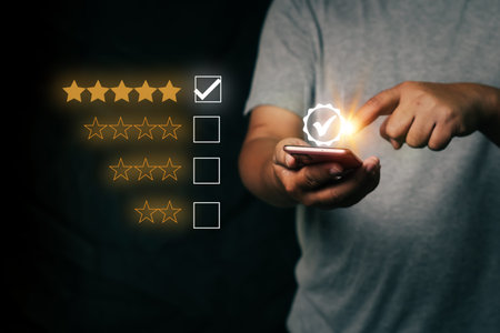 client service evaluation concept. Businessman pressing smartphone show on virtual screen