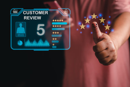 Man client happy feedback review satisfaction service online give rating business good experience, customer evaluation positive conceptの写真素材
