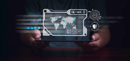 Businessman using tablet computer with data analysis, metaverse, big data, Business global internet,...