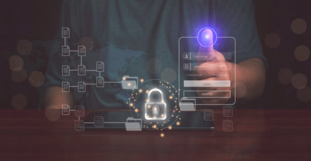 businessman using tablet computer virtual data protecting business by fingerprint scan biometric identity and access login with passwordの写真素材
