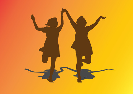 Mother and daughter silhouette Jumping happily And joyfully admiration. Fun with laughter. Concept of success Best wishes (illustration)のイラスト素材