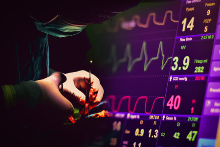 Image of a surgeon with an EKG machine as a background image. brain waves in the brain waves, heart...