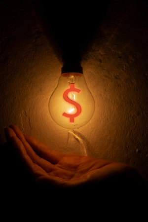 a hand blocking light from a light bulb with a dollar sign. business money protection concept.の写真素材